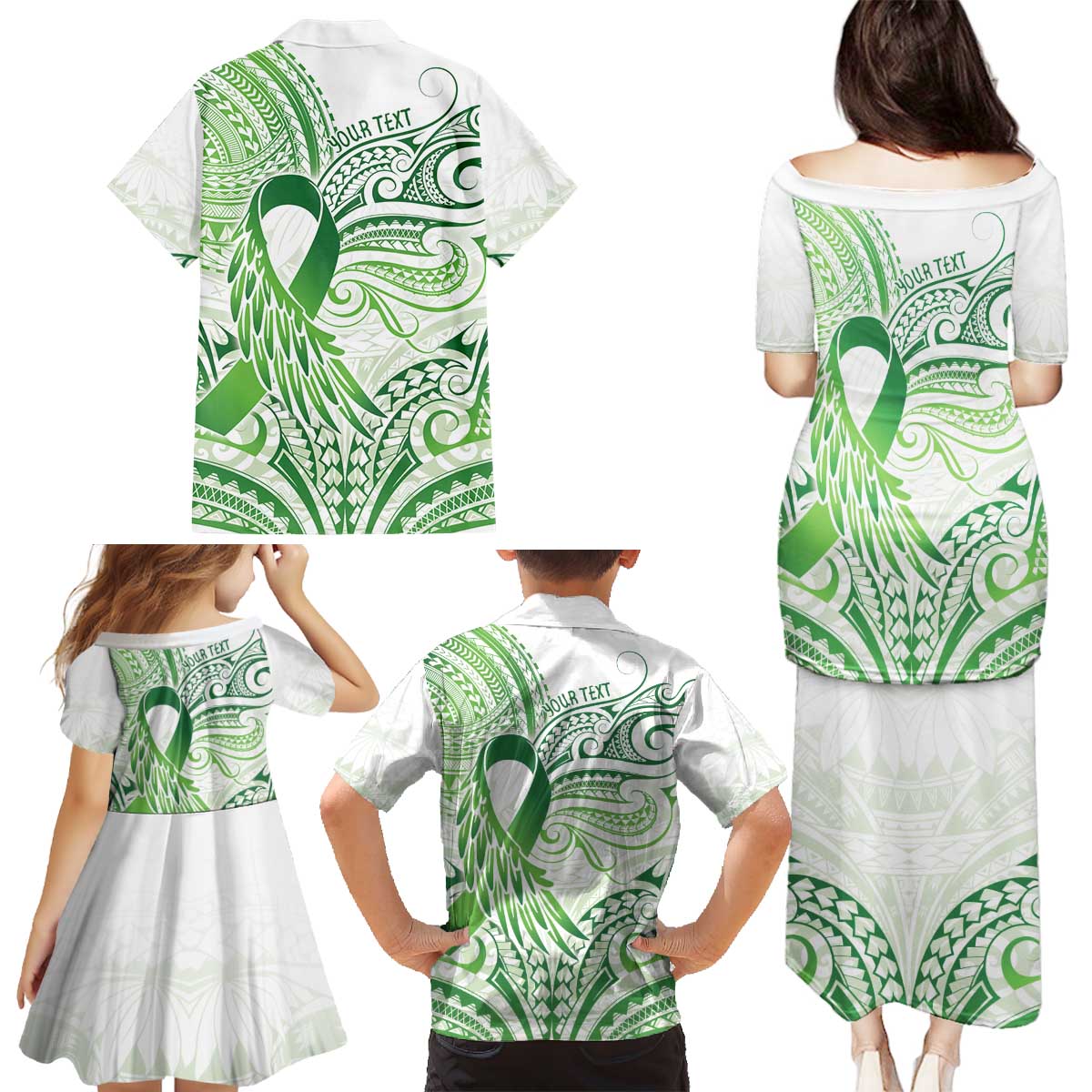 Its Okay Green Ribbon Personalised Family Matching Puletasi and Hawaiian Shirt Polynesian Depression Awareness
