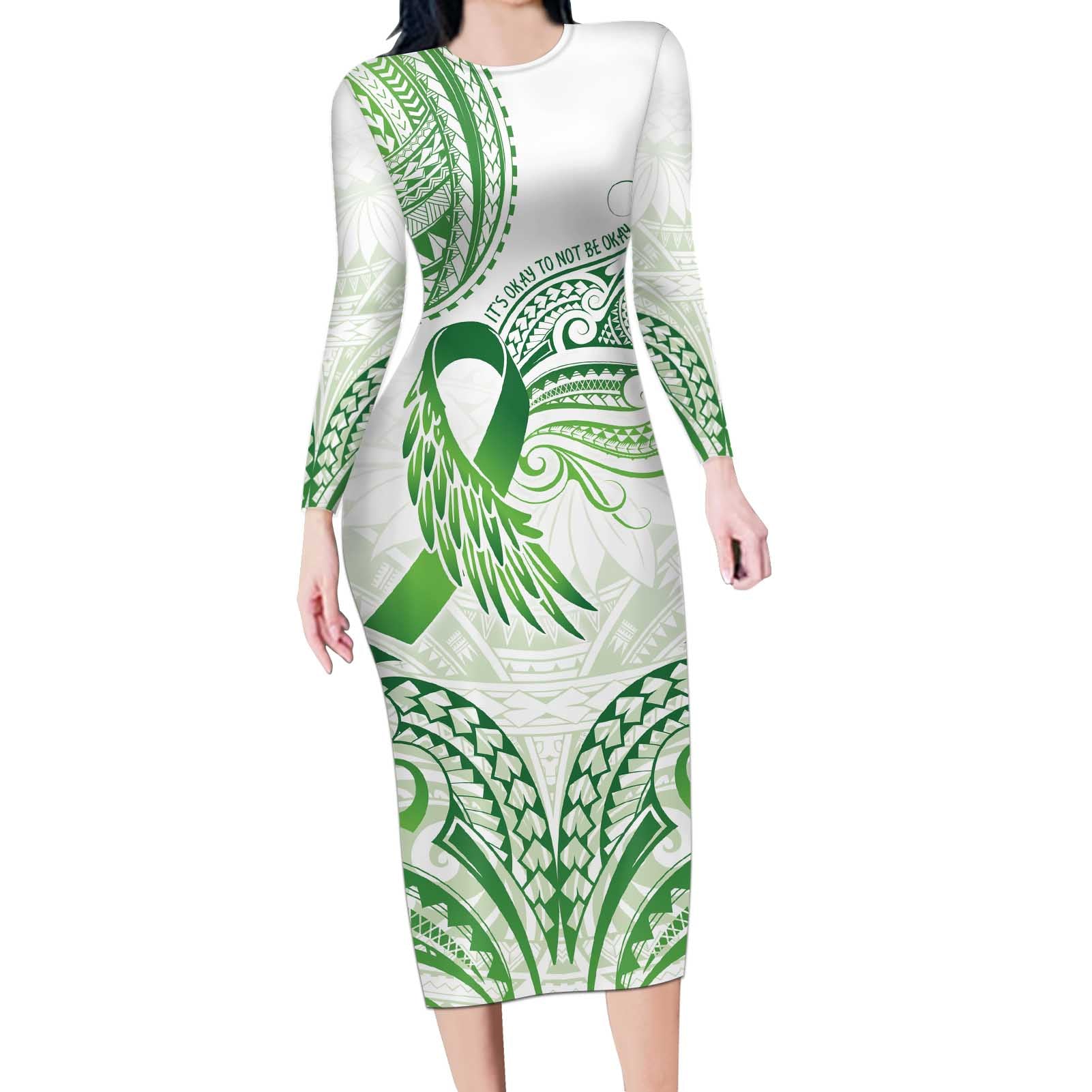 Its Okay Green Ribbon Personalised Long Sleeve Bodycon Dress Polynesian Depression Awareness