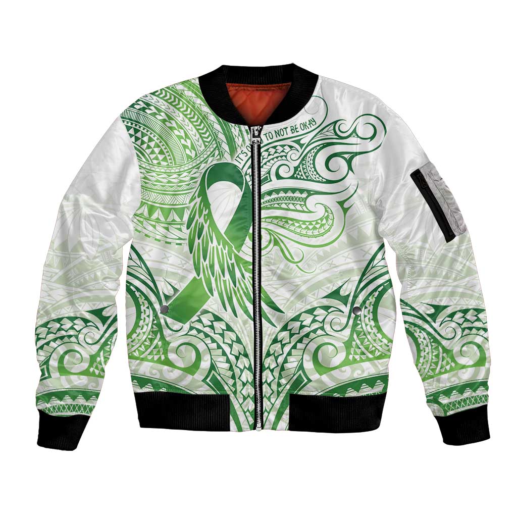 Its Okay Green Ribbon Personalised Sleeve Zip Bomber Jacket Polynesian Depression Awareness