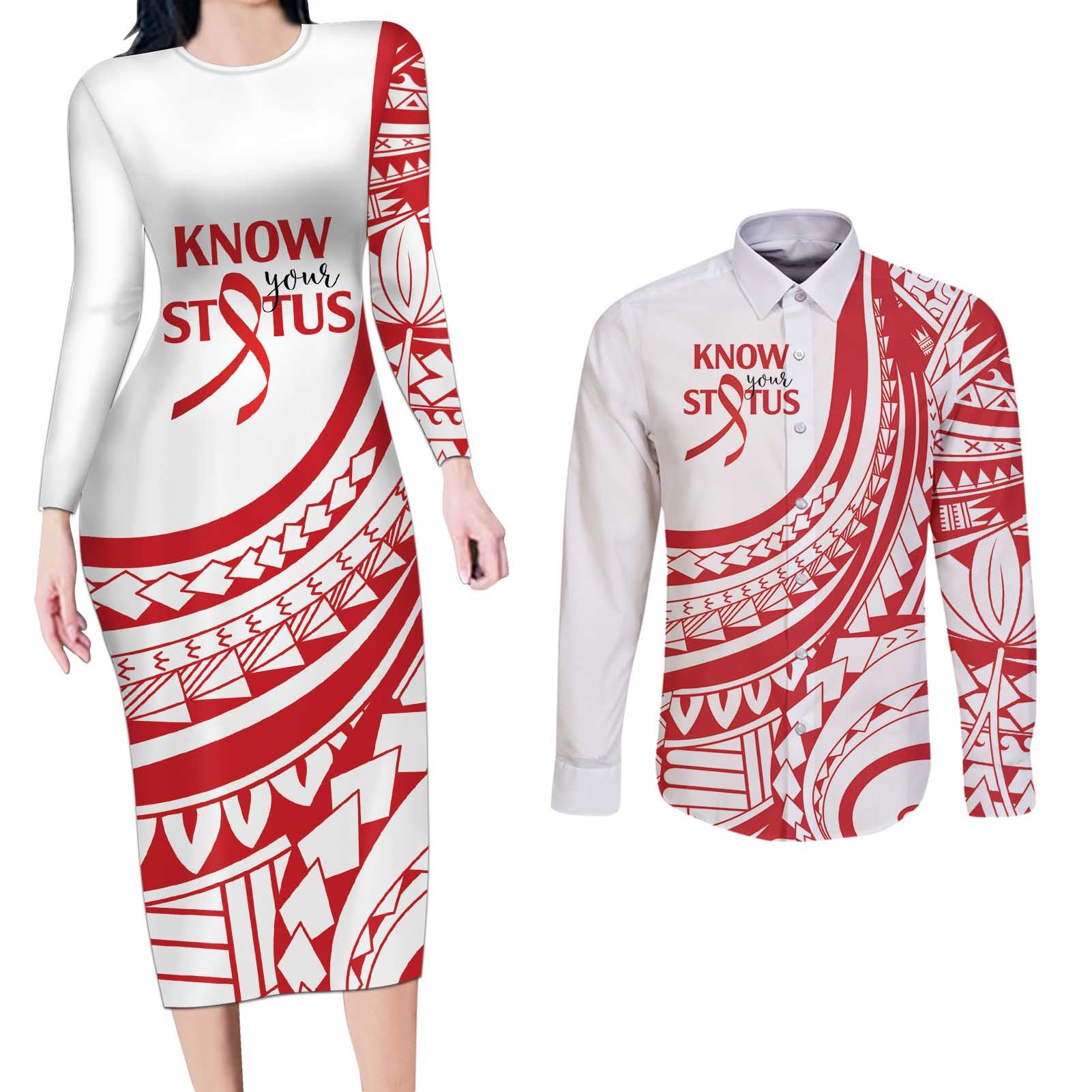 Know Your Status Red Ribbon Personalised Couples Matching Long Sleeve Bodycon Dress and Long Sleeve Button Shirt Polynesian AIDS Awareness
