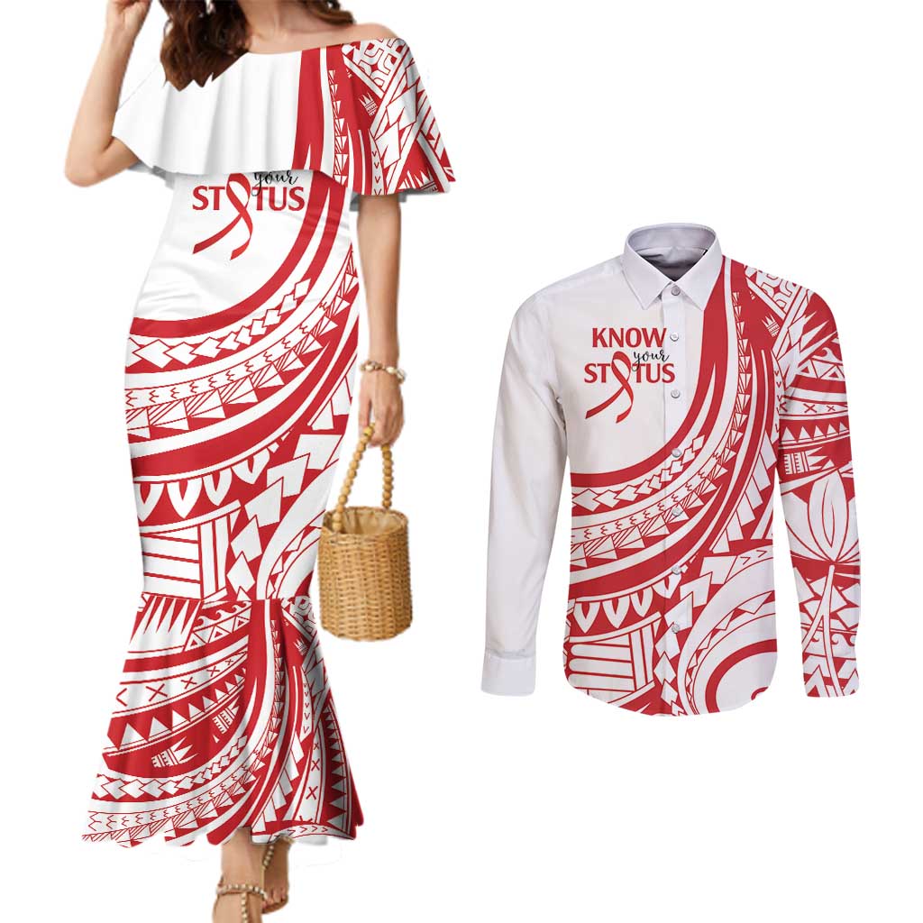 Know Your Status Red Ribbon Personalised Couples Matching Mermaid Dress and Long Sleeve Button Shirt Polynesian AIDS Awareness