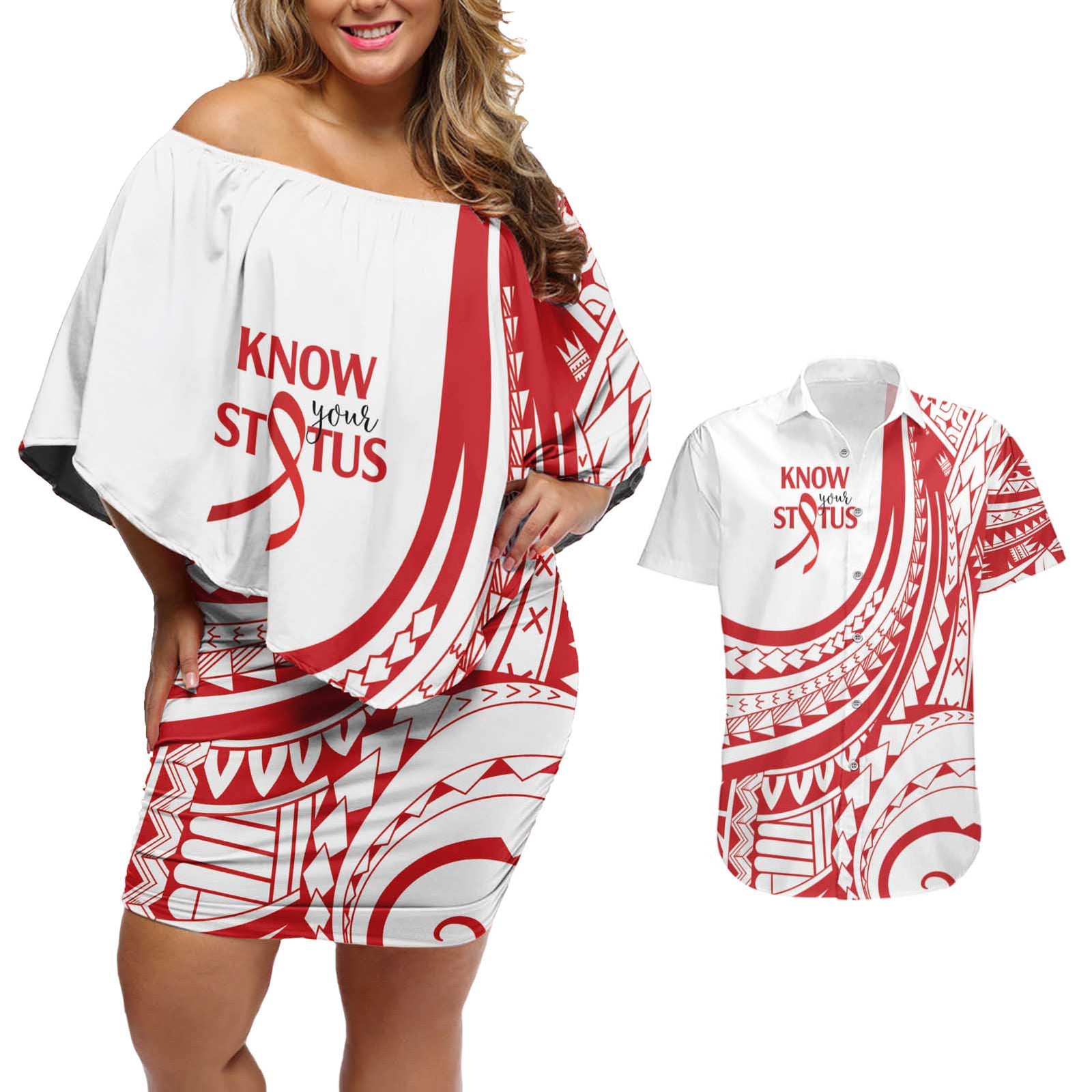 Know Your Status Red Ribbon Personalised Couples Matching Off Shoulder Short Dress and Hawaiian Shirt Polynesian AIDS Awareness