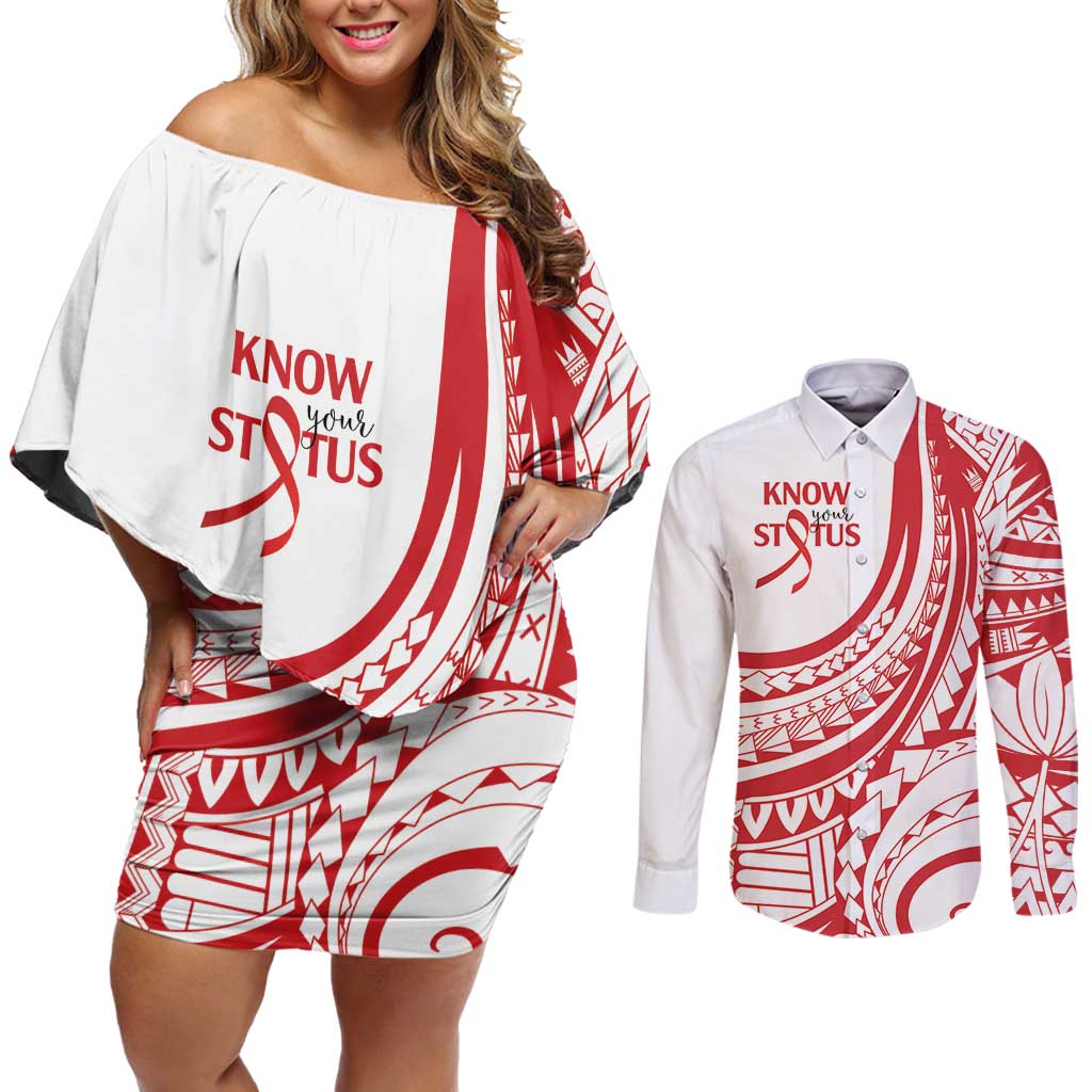 Know Your Status Red Ribbon Personalised Couples Matching Off Shoulder Short Dress and Long Sleeve Button Shirt Polynesian AIDS Awareness