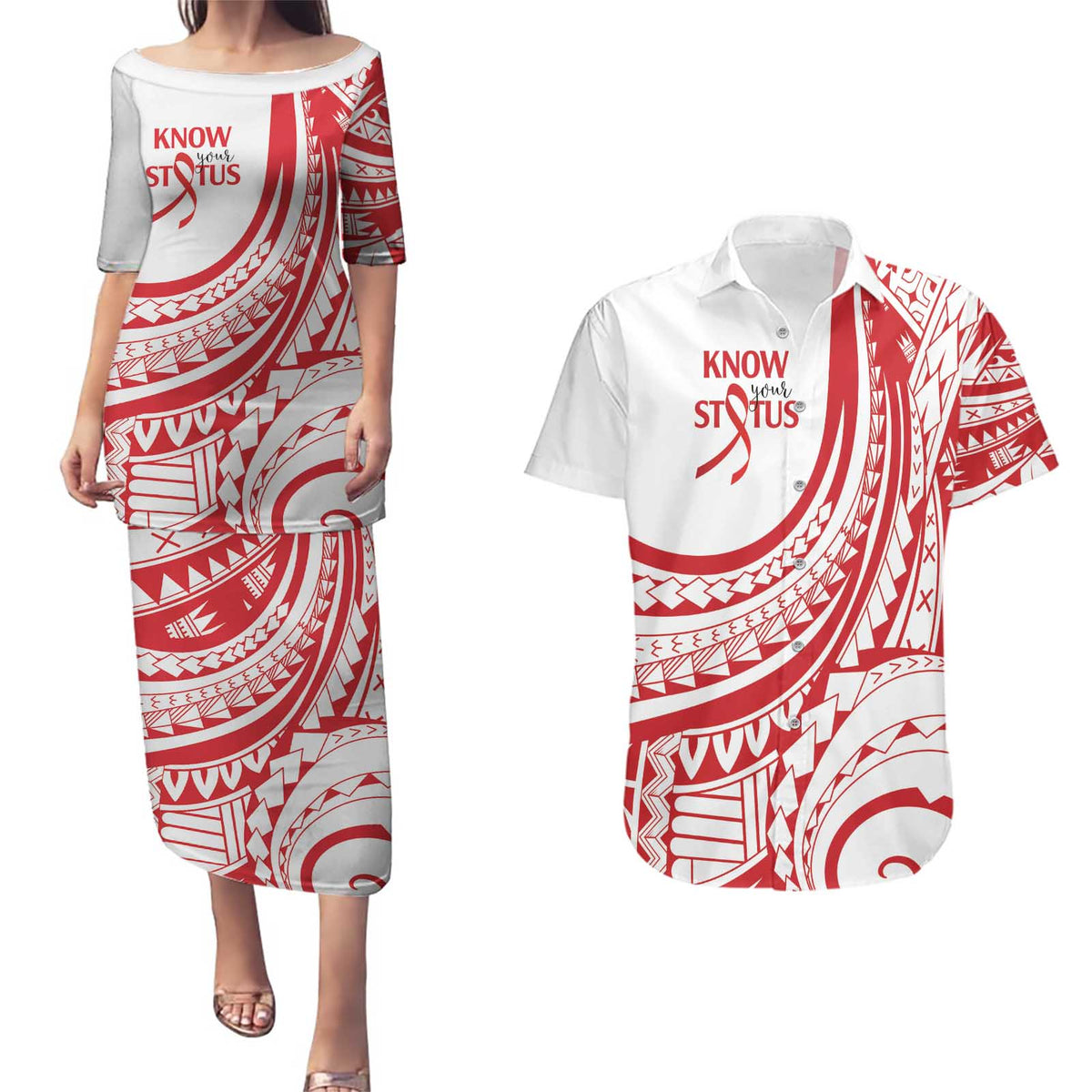 Know Your Status Red Ribbon Personalised Couples Matching Puletasi and Hawaiian Shirt Polynesian AIDS Awareness