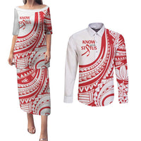 Know Your Status Red Ribbon Personalised Couples Matching Puletasi and Long Sleeve Button Shirt Polynesian AIDS Awareness
