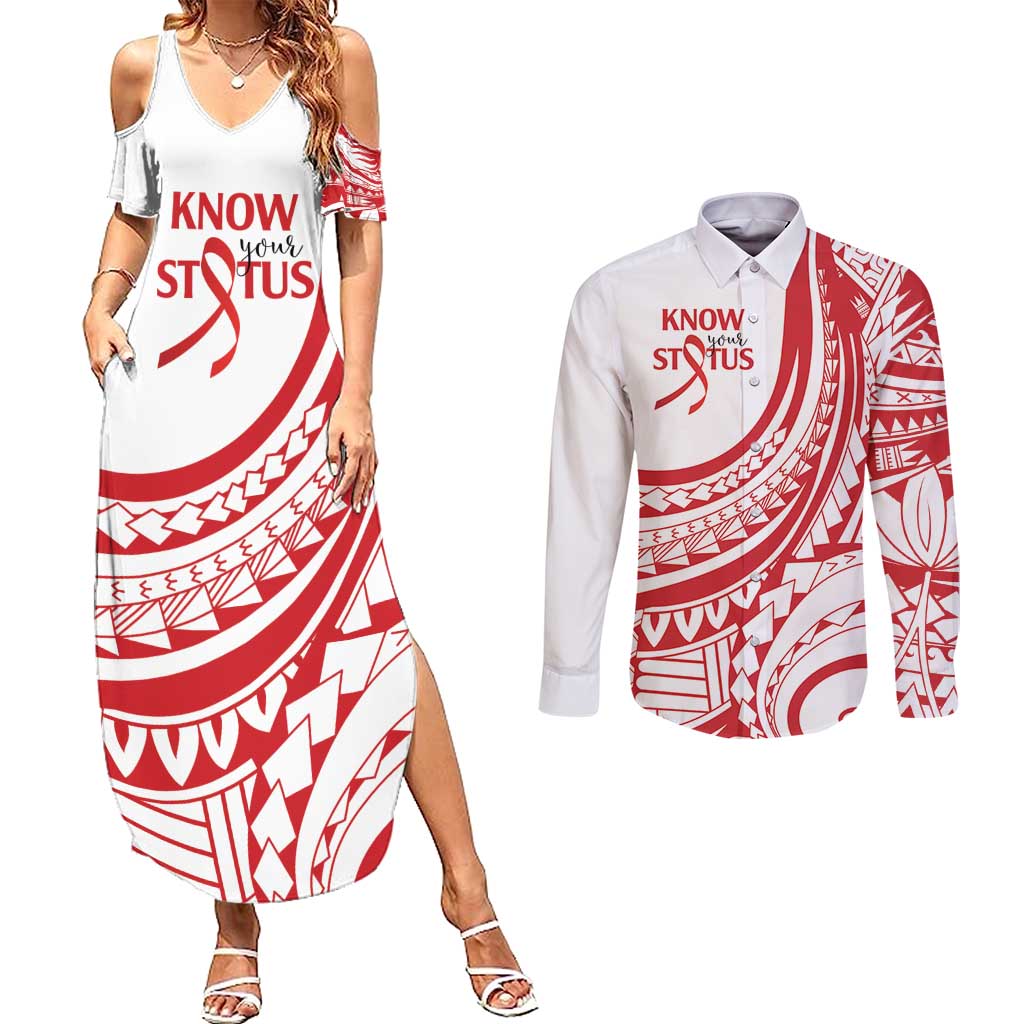 Know Your Status Red Ribbon Personalised Couples Matching Summer Maxi Dress and Long Sleeve Button Shirt Polynesian AIDS Awareness