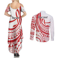 Know Your Status Red Ribbon Personalised Couples Matching Summer Maxi Dress and Long Sleeve Button Shirt Polynesian AIDS Awareness
