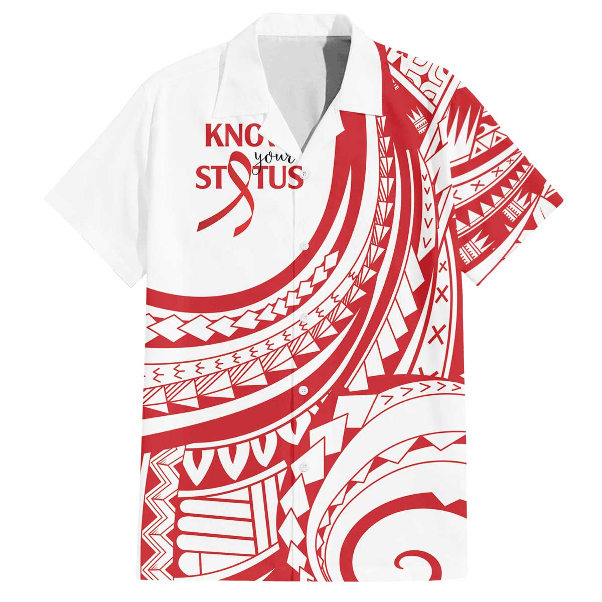 Know Your Status Red Ribbon Personalised Family Matching Off The Shoulder Long Sleeve Dress and Hawaiian Shirt Polynesian AIDS Awareness