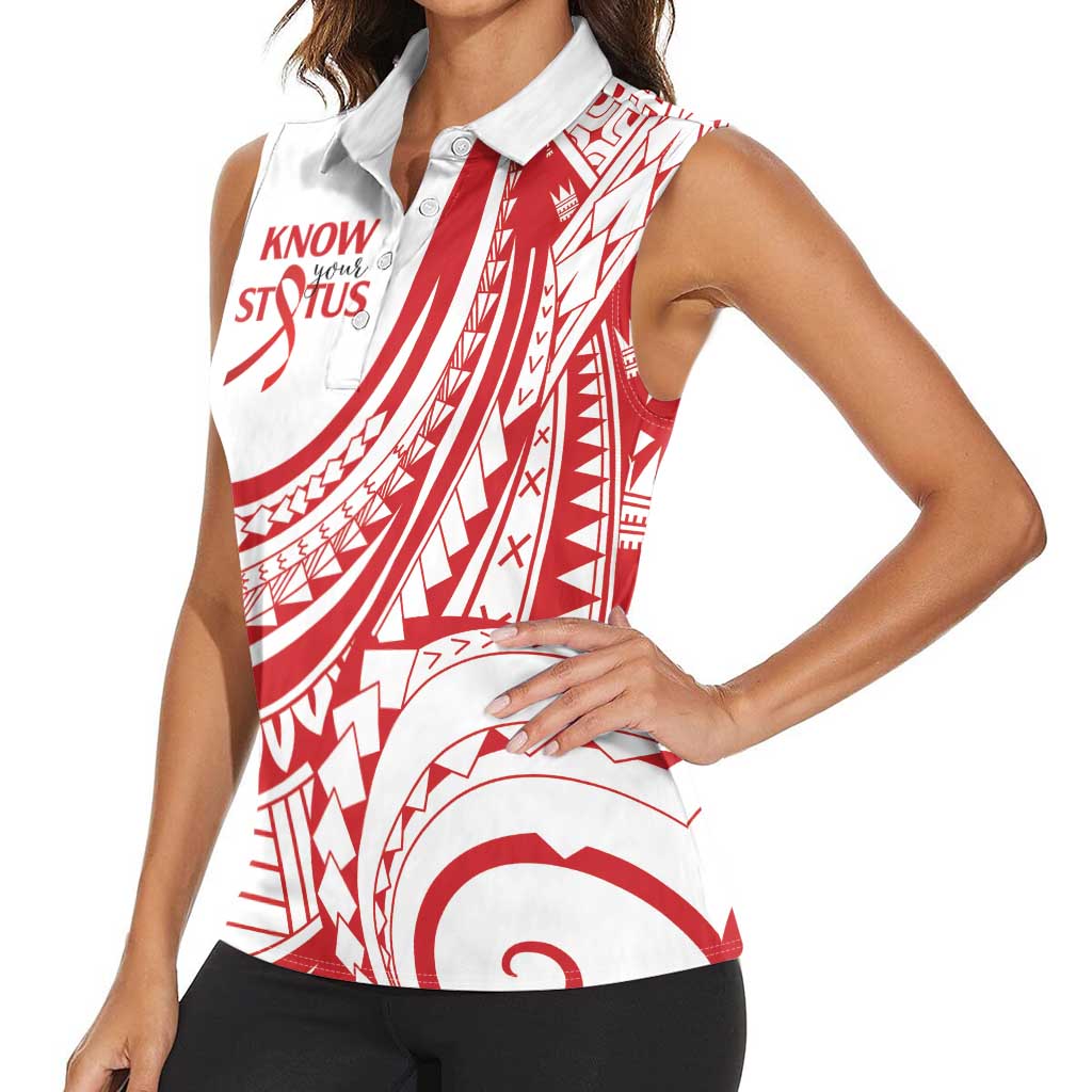 Know Your Status Red Ribbon Personalised Women Sleeveless Polo Shirt Polynesian AIDS Awareness