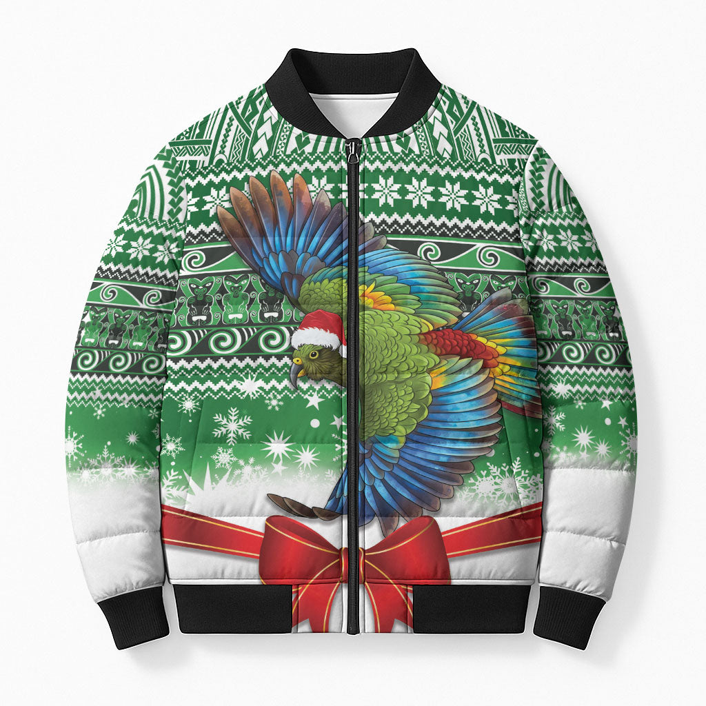 New Zealand Kea Bird Christmas Bomber Puffer Jacket Maori Inspired Knitted Patterns LT9 Unisex Green - Polynesian Pride