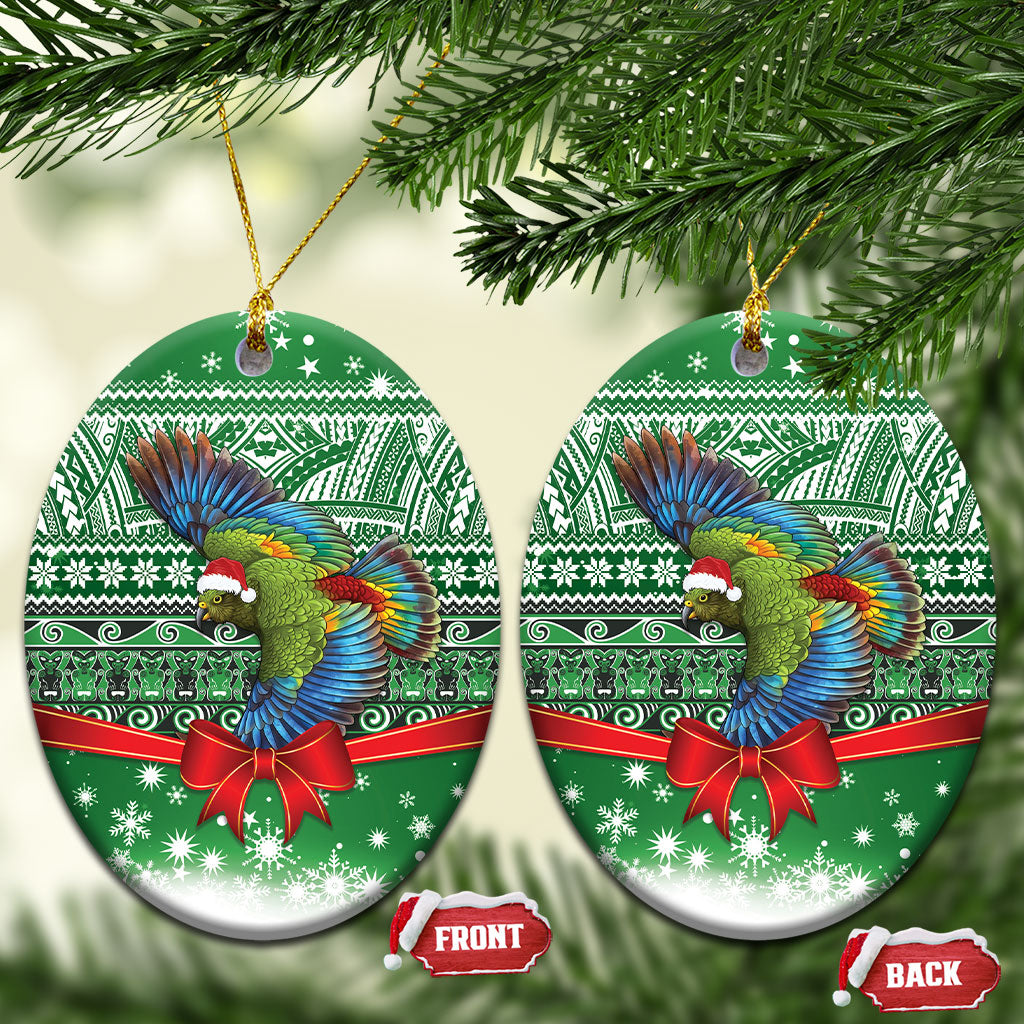New Zealand Kea Bird Christmas Ceramic Ornament Maori Inspired Knitted Patterns LT9 Oval Green - Polynesian Pride