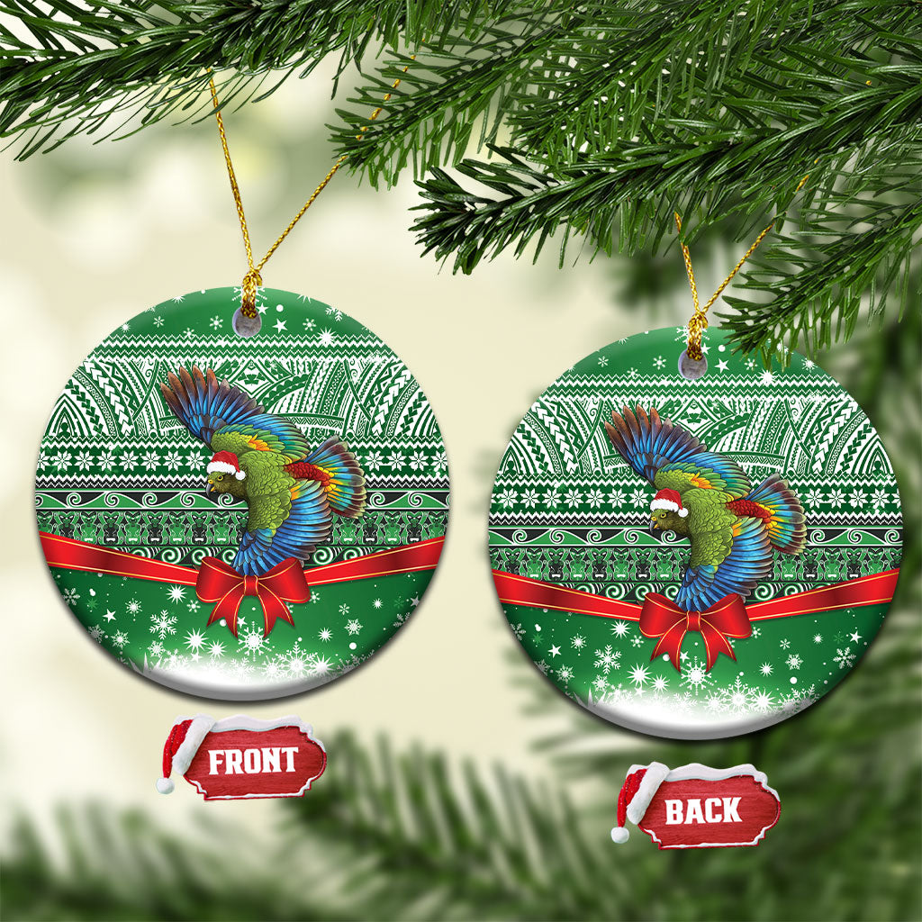 New Zealand Kea Bird Christmas Ceramic Ornament Maori Inspired Knitted Patterns LT9 Circle Green - Polynesian Pride