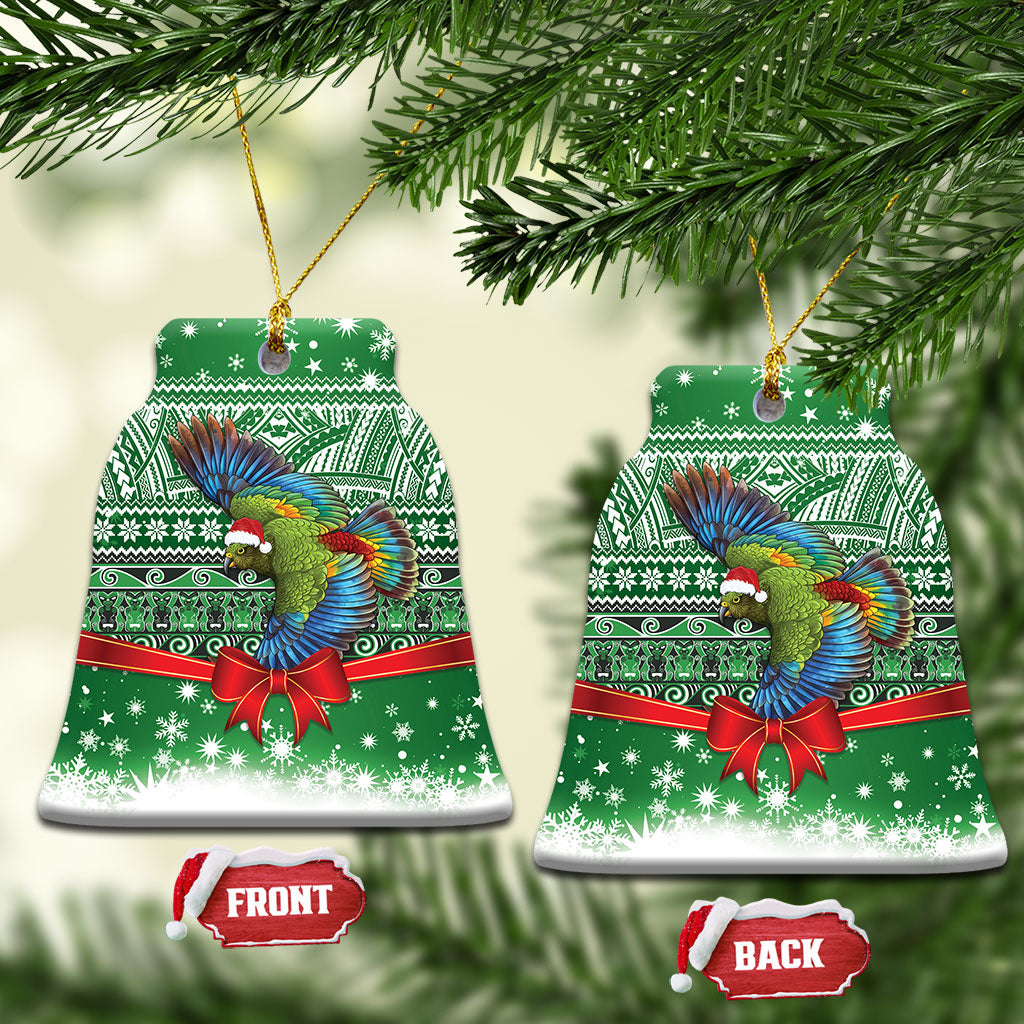 New Zealand Kea Bird Christmas Ceramic Ornament Maori Inspired Knitted Patterns LT9 Bell Flake Green - Polynesian Pride