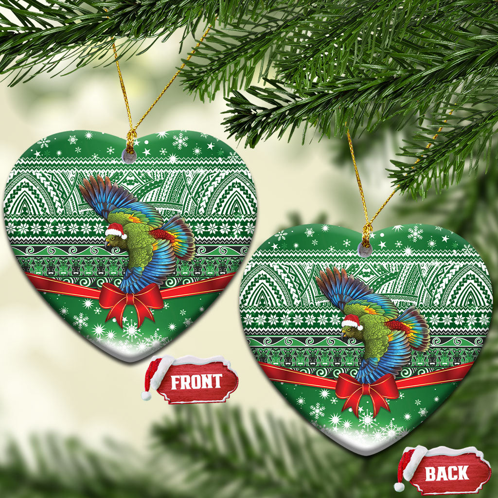 New Zealand Kea Bird Christmas Ceramic Ornament Maori Inspired Knitted Patterns LT9 Heart Green - Polynesian Pride