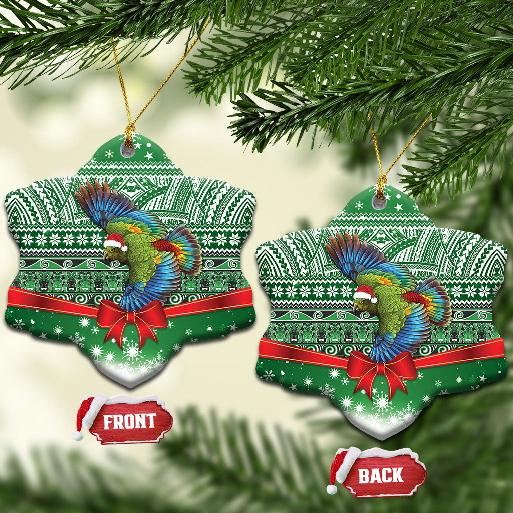 New Zealand Kea Bird Christmas Ceramic Ornament Maori Inspired Knitted Patterns LT9 Snow Flake Green - Polynesian Pride