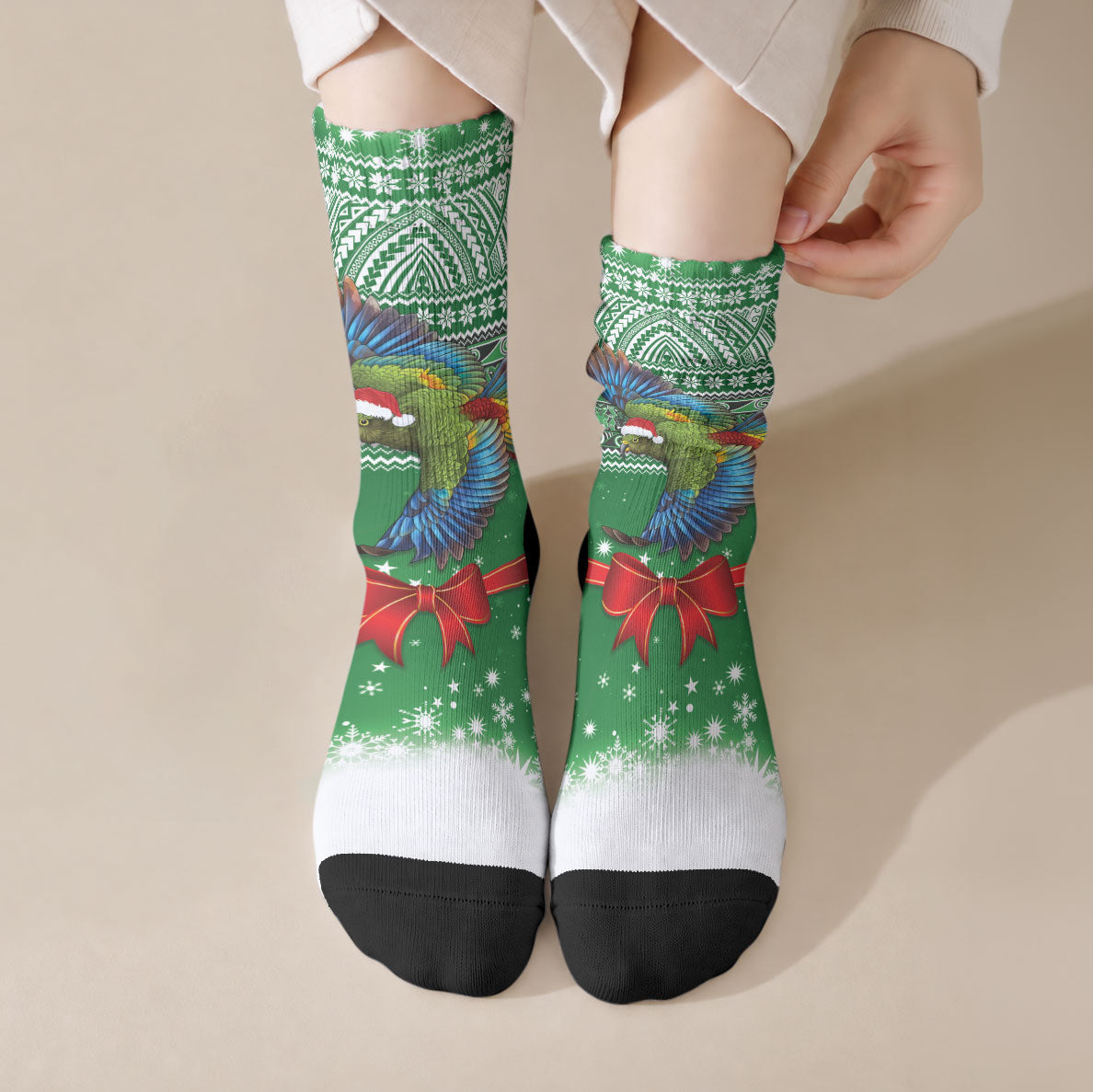 New Zealand Kea Bird Christmas Crew Socks Maori Inspired Knitted Patterns LT9 Crew Socks Green - Polynesian Pride