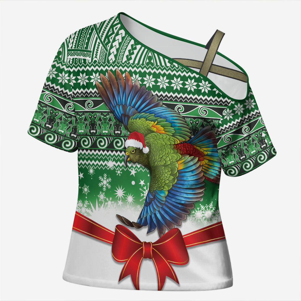 New Zealand Kea Bird Christmas Cross Shoulder Shirt Maori Inspired Knitted Patterns LT9 Female Green - Polynesian Pride