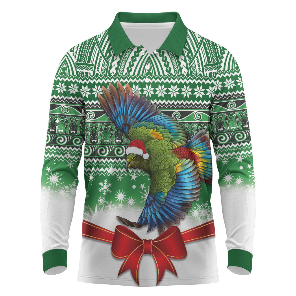 New Zealand Kea Bird Christmas Long Sleeve Polo Shirt Maori Inspired Knitted Patterns LT9 Green - Polynesian Pride