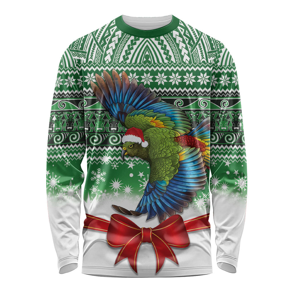 New Zealand Kea Bird Christmas Long Sleeve Shirt Maori Inspired Knitted Patterns LT9 Unisex Green - Polynesian Pride