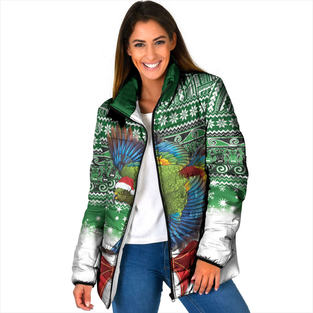 New Zealand Kea Bird Christmas Padded Jacket Maori Inspired Knitted Patterns LT9 Women Green - Polynesian Pride