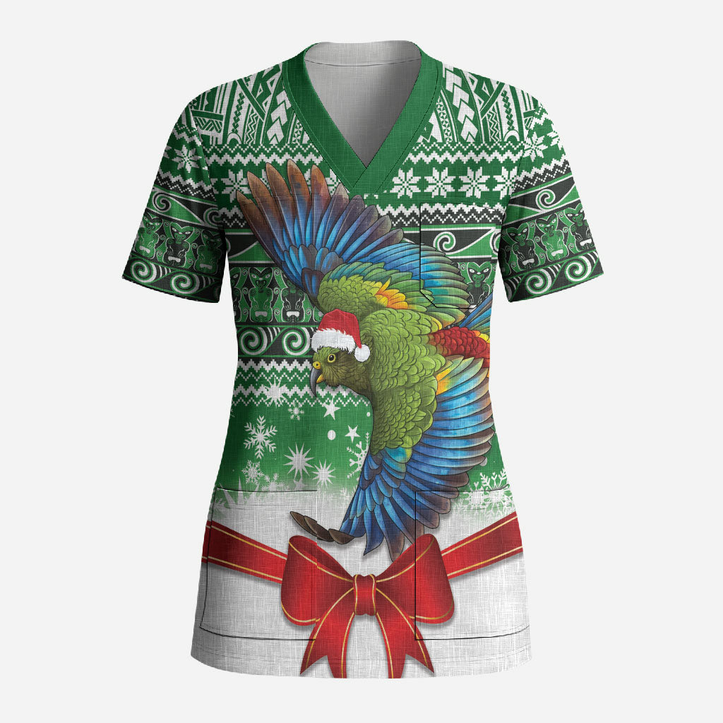 New Zealand Kea Bird Christmas Scrub Top Maori Inspired Knitted Patterns LT9 Adult Green - Polynesian Pride