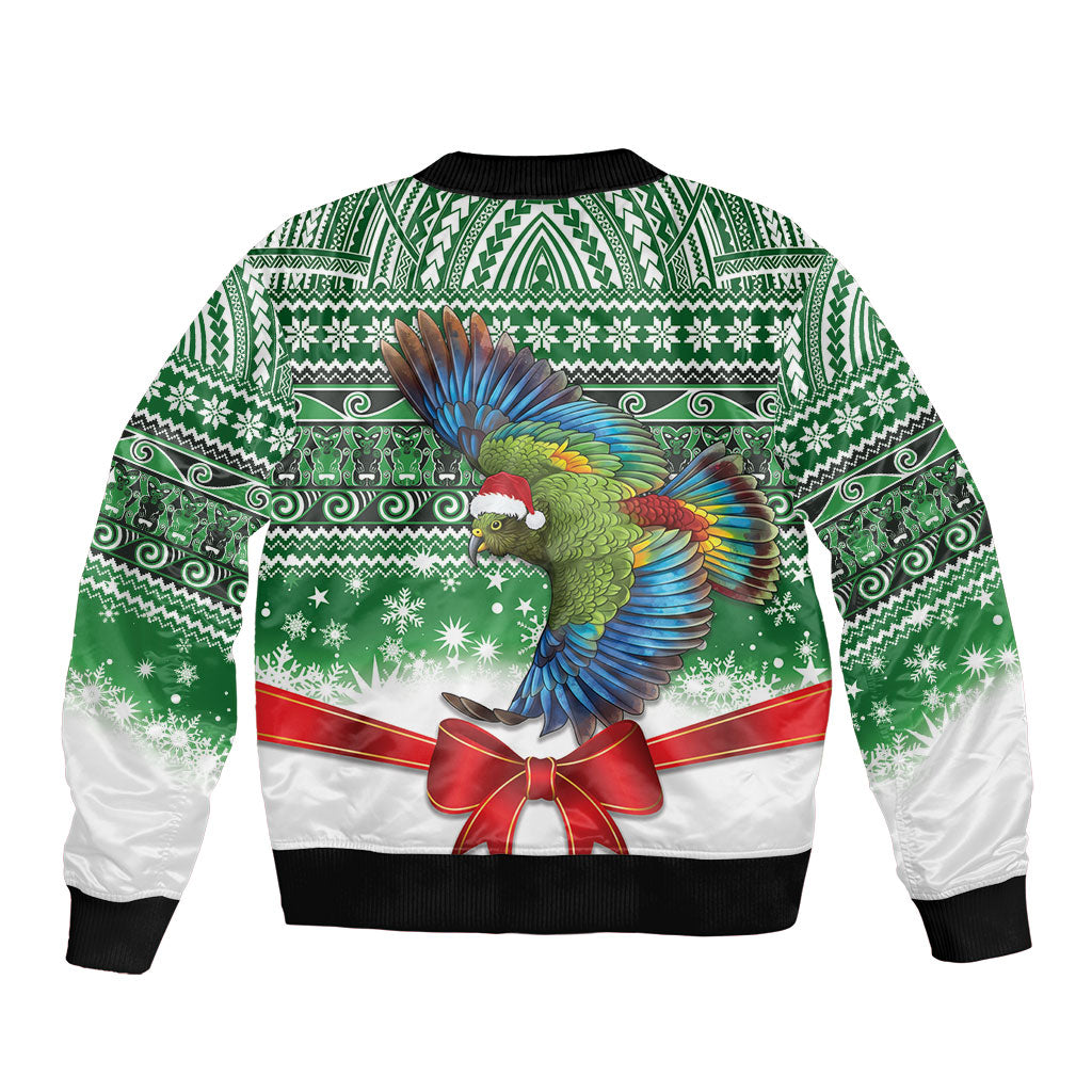 New Zealand Kea Bird Christmas Sleeve Zip Bomber Jacket Maori Inspired Knitted Patterns LT9 - Polynesian Pride