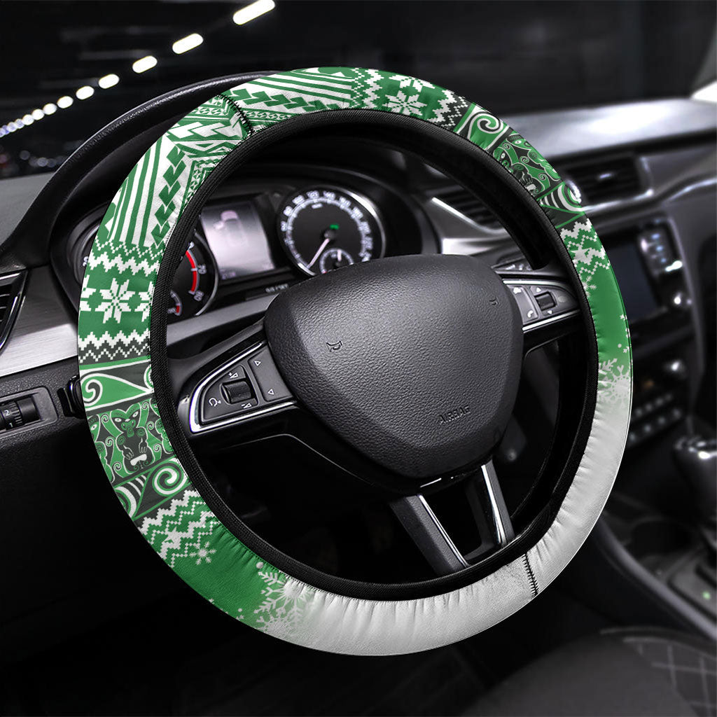 New Zealand Kea Bird Christmas Steering Wheel Cover Maori Inspired Knitted Patterns LT9 Universal Fit Green - Polynesian Pride
