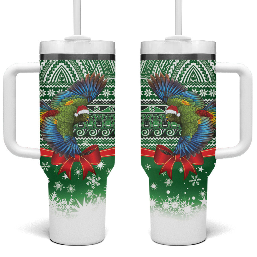 New Zealand Kea Bird Christmas Tumbler With Handle Maori Inspired Knitted Patterns LT9 One Size: 40 oz Green - Polynesian Pride