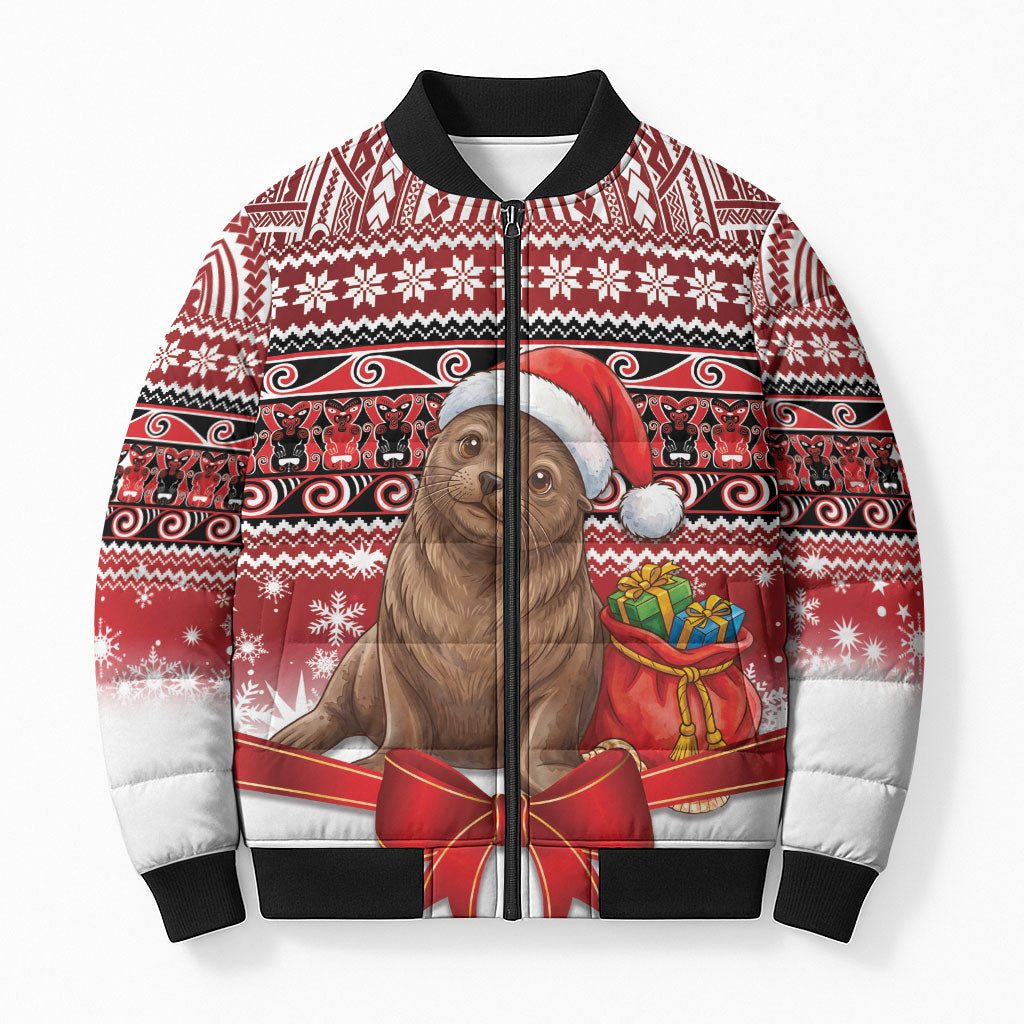 New Zealand Kekeno Seal Christmas Bomber Puffer Jacket Maori Inspired Knitted Patterns LT9 Unisex Red - Polynesian Pride