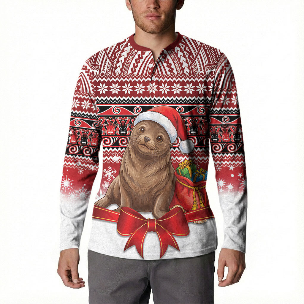 New Zealand Kekeno Seal Christmas Button Sweatshirt Maori Inspired Knitted Patterns LT9 - Polynesian Pride