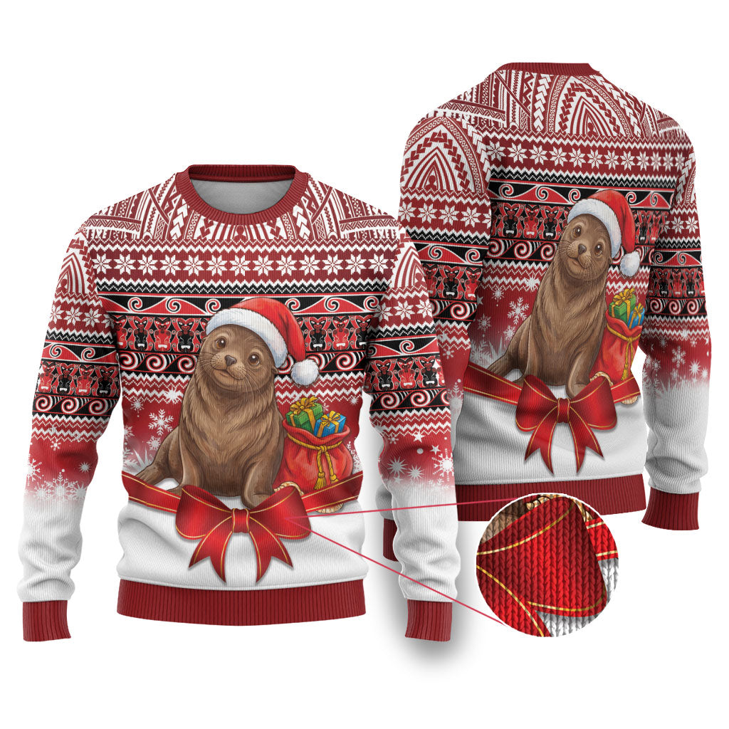 New Zealand Kekeno Seal Christmas Ugly Christmas Sweater Maori Inspired Knitted Patterns LT9 Red - Polynesian Pride