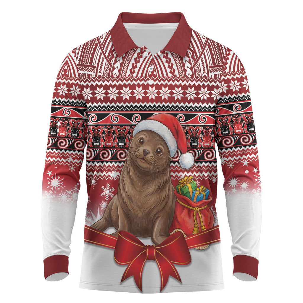 New Zealand Kekeno Seal Christmas Long Sleeve Polo Shirt Maori Inspired Knitted Patterns LT9 Red - Polynesian Pride