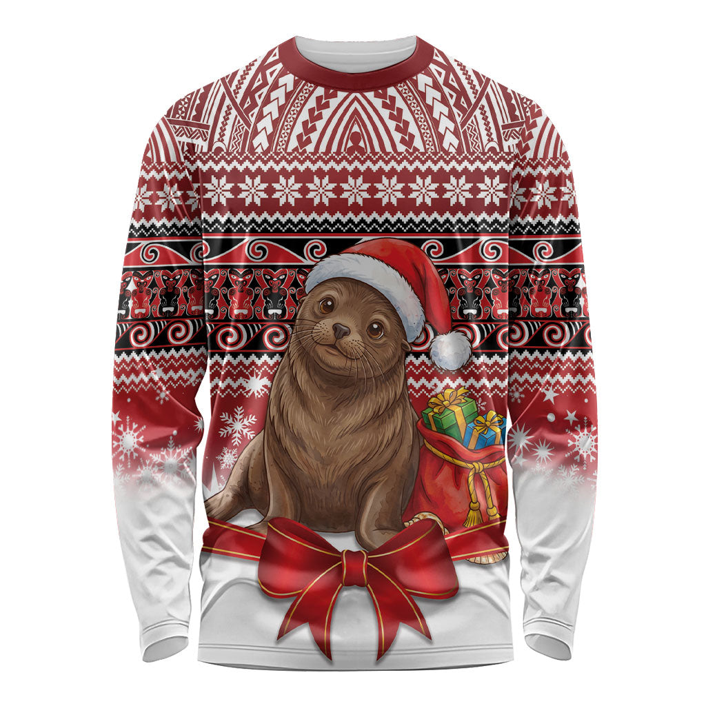 New Zealand Kekeno Seal Christmas Long Sleeve Shirt Maori Inspired Knitted Patterns LT9 Unisex Red - Polynesian Pride