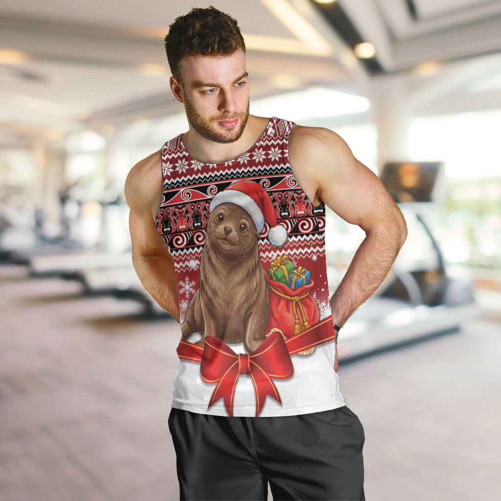 New Zealand Kekeno Seal Christmas Men Tank Top Maori Inspired Knitted Patterns LT9 Red - Polynesian Pride