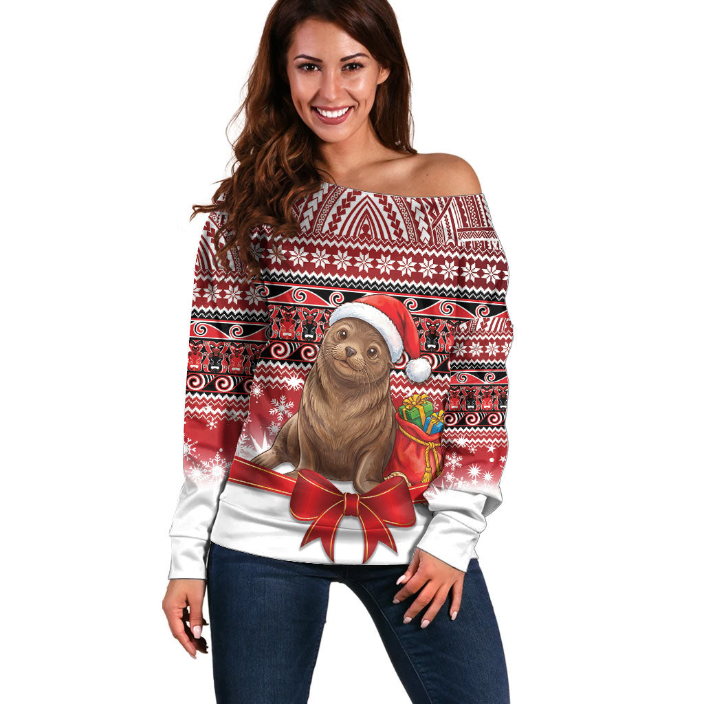 New Zealand Kekeno Seal Christmas Off Shoulder Sweater Maori Inspired Knitted Patterns LT9 Women Red - Polynesian Pride