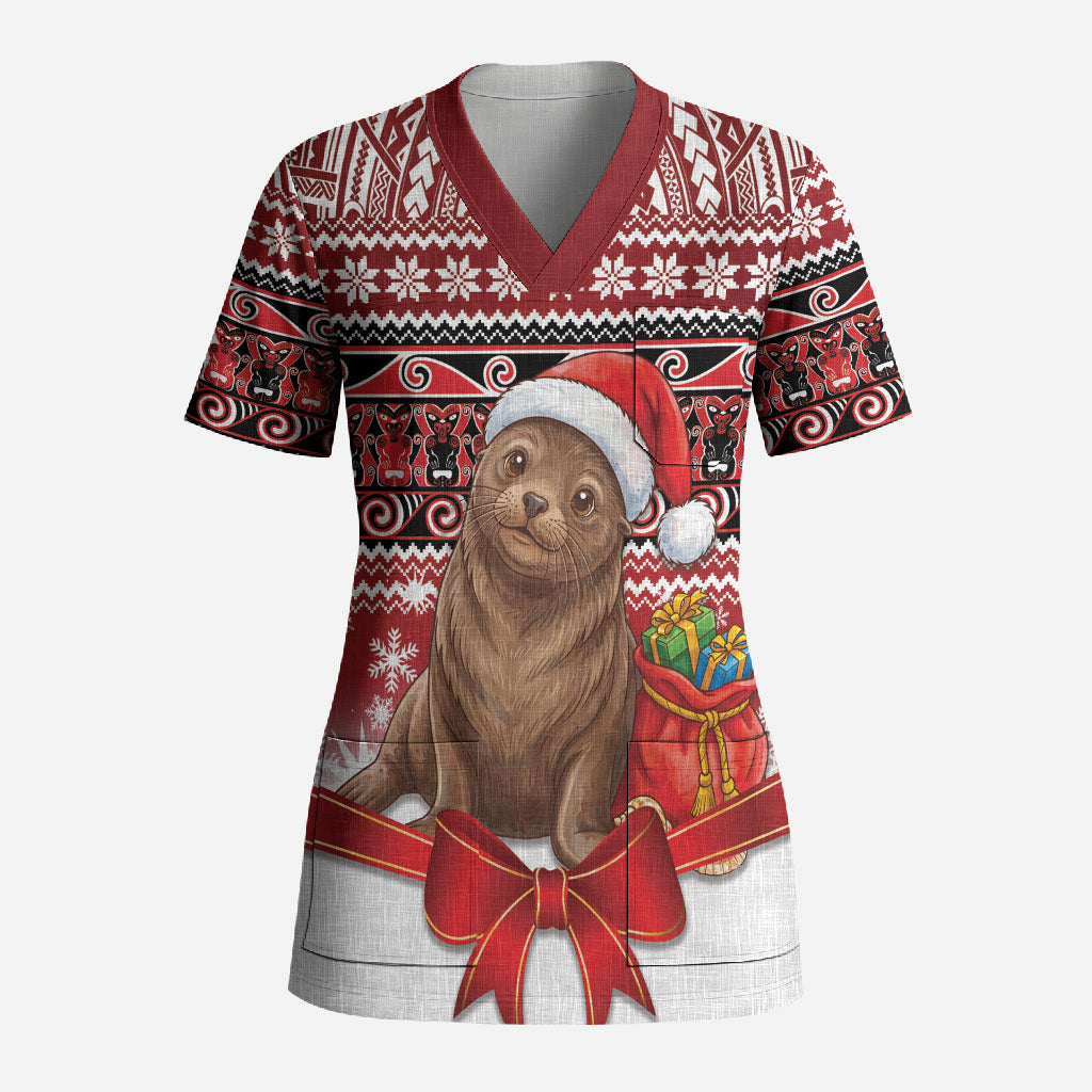 New Zealand Kekeno Seal Christmas Scrub Top Maori Inspired Knitted Patterns LT9 Adult Red - Polynesian Pride