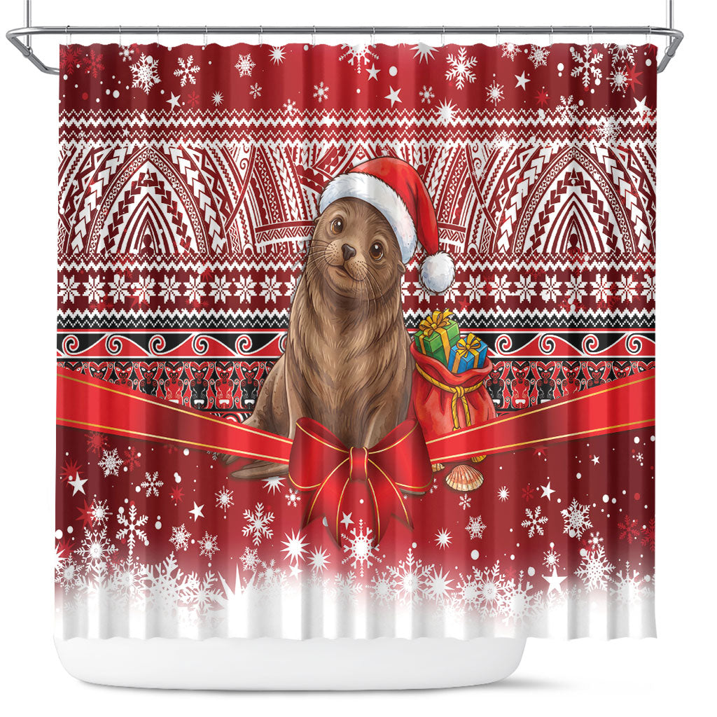 New Zealand Kekeno Seal Christmas Shower Curtain Maori Inspired Knitted Patterns LT9 Red - Polynesian Pride