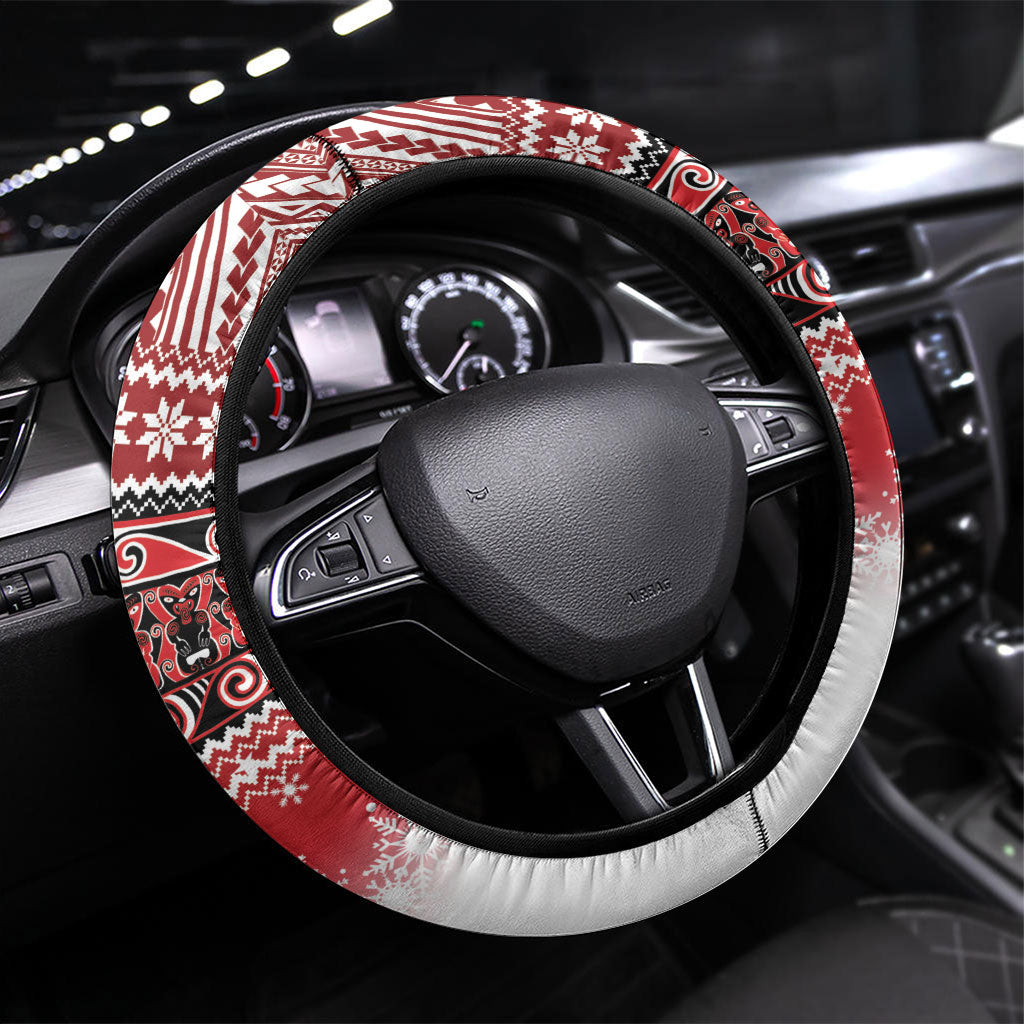 New Zealand Kekeno Seal Christmas Steering Wheel Cover Maori Inspired Knitted Patterns LT9 Universal Fit Red - Polynesian Pride