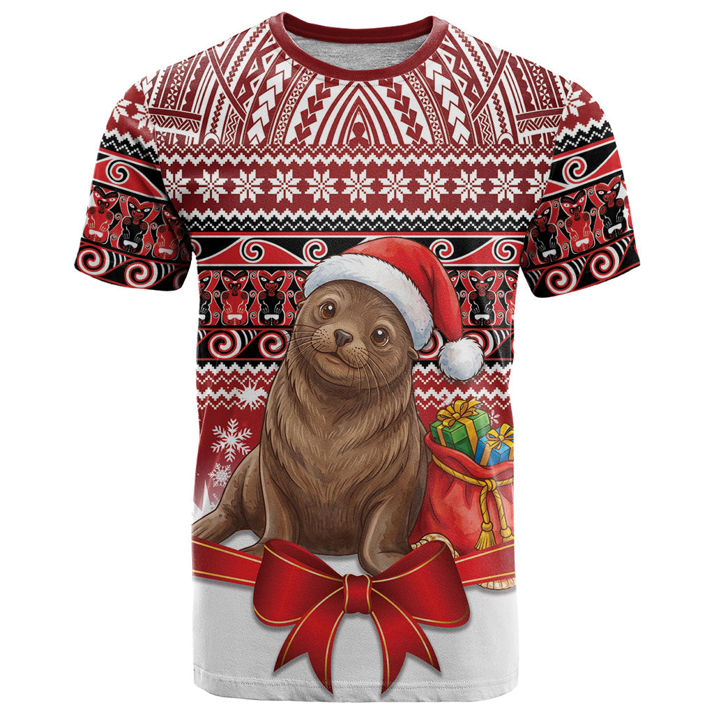 New Zealand Kekeno Seal Christmas T Shirt Maori Inspired Knitted Patterns LT9 Red - Polynesian Pride