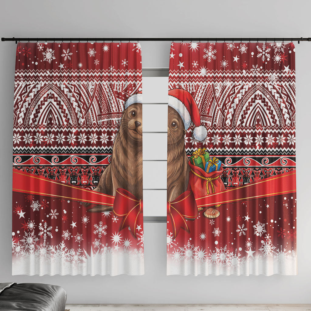 New Zealand Kekeno Seal Christmas Window Curtain Maori Inspired Knitted Patterns LT9 With Hooks Red - Polynesian Pride