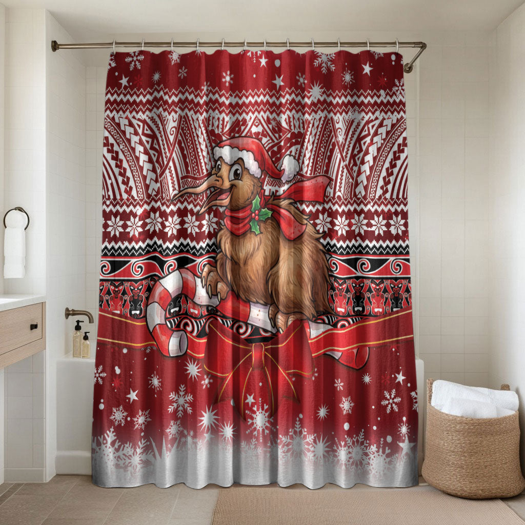New Zealand Kiwi Bird Christmas Bathroom Set Maori Inspired Knitted Patterns LT9 Shower Curtain Only Red - Polynesian Pride