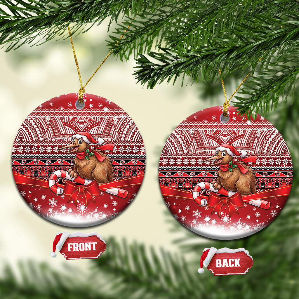 New Zealand Kiwi Bird Christmas Ceramic Ornament Maori Inspired Knitted Patterns LT9 Circle Red - Polynesian Pride