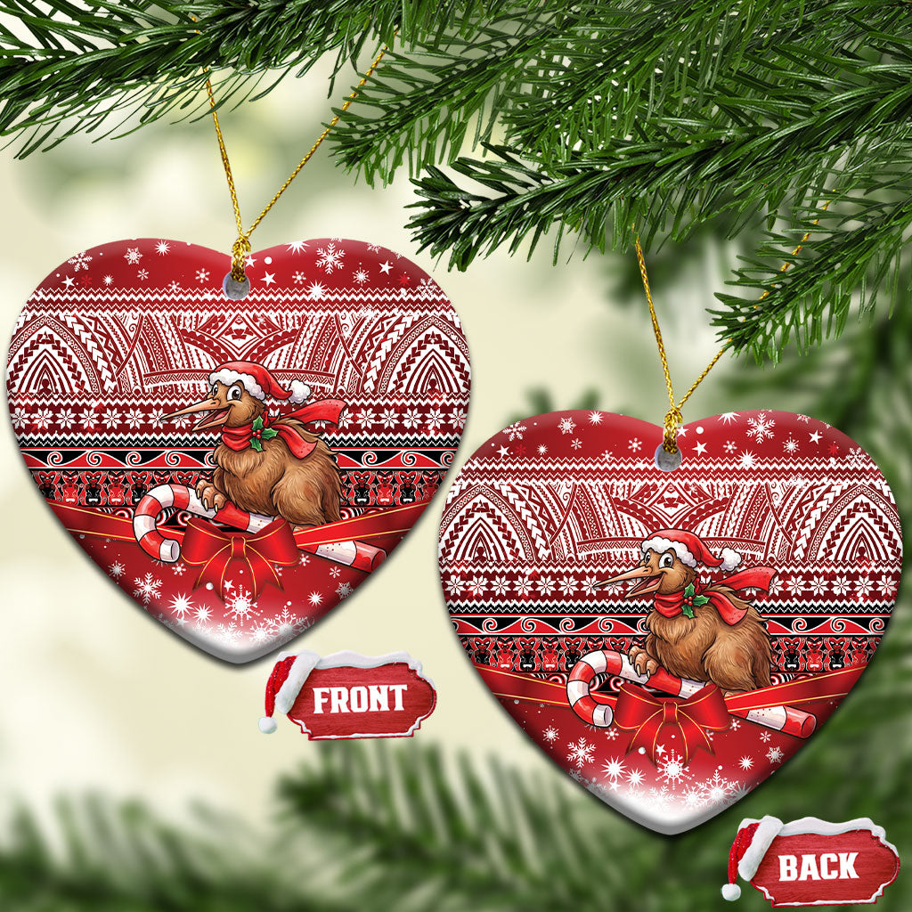 New Zealand Kiwi Bird Christmas Ceramic Ornament Maori Inspired Knitted Patterns LT9 Heart Red - Polynesian Pride