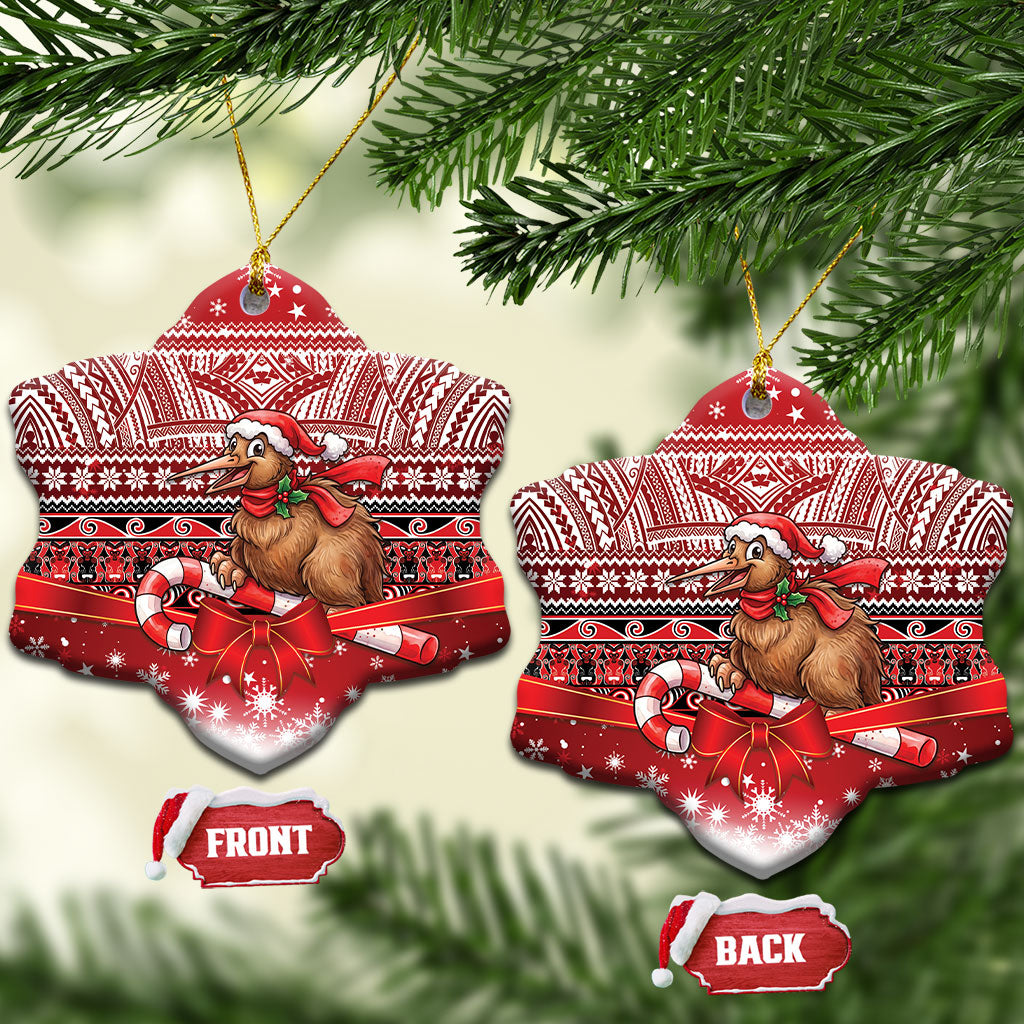 New Zealand Kiwi Bird Christmas Ceramic Ornament Maori Inspired Knitted Patterns LT9 Snow Flake Red - Polynesian Pride
