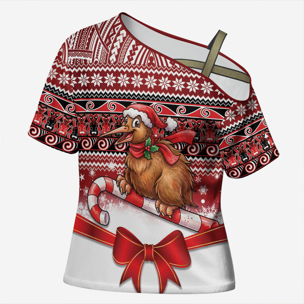 New Zealand Kiwi Bird Christmas Cross Shoulder Shirt Maori Inspired Knitted Patterns LT9 Female Red - Polynesian Pride