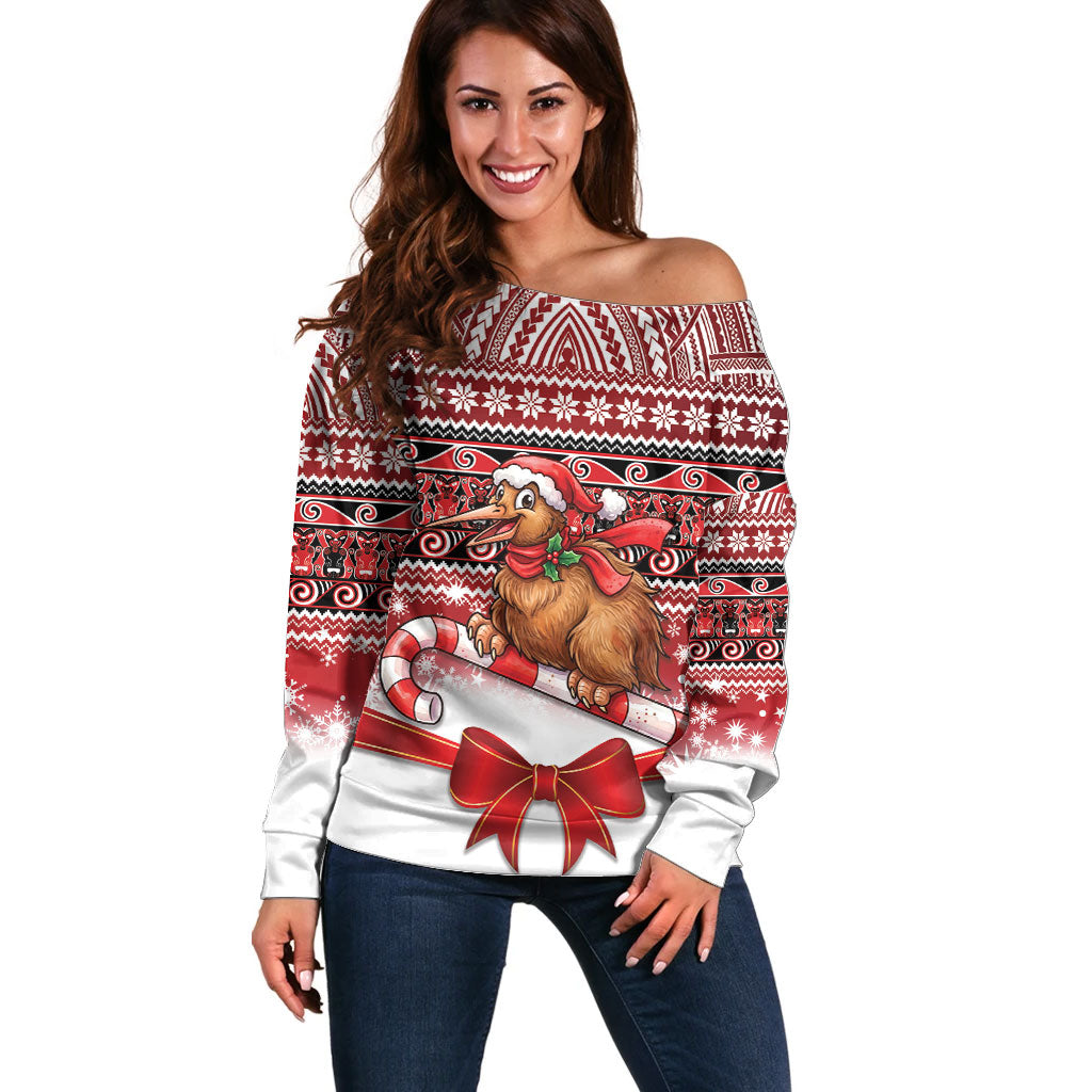 New Zealand Kiwi Bird Christmas Off Shoulder Sweater Maori Inspired Knitted Patterns LT9 Women Red - Polynesian Pride