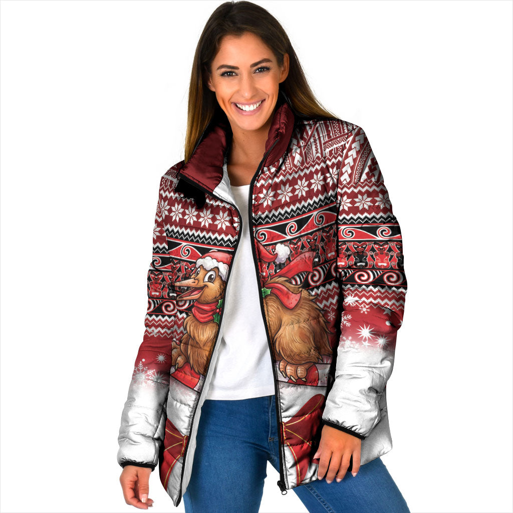 New Zealand Kiwi Bird Christmas Padded Jacket Maori Inspired Knitted Patterns LT9 Women Red - Polynesian Pride