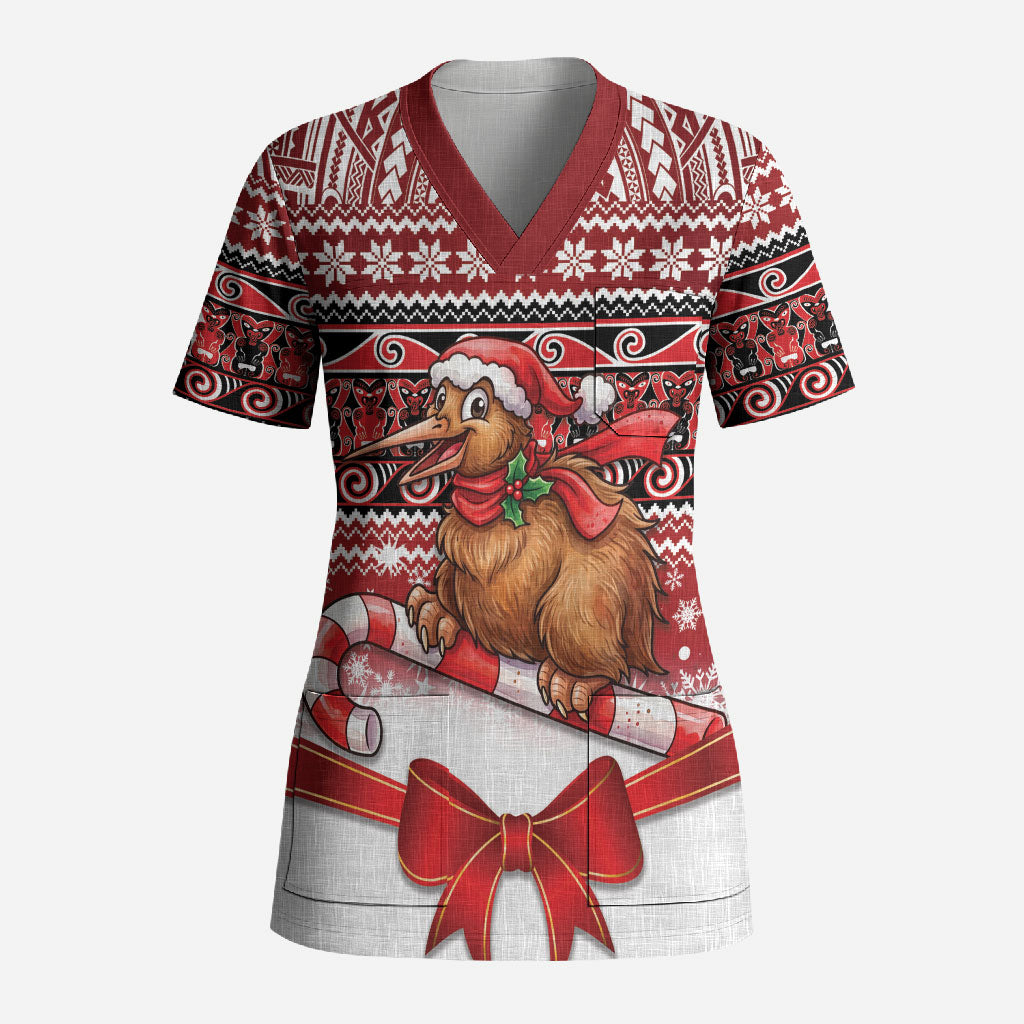 New Zealand Kiwi Bird Christmas Scrub Top Maori Inspired Knitted Patterns LT9 Adult Red - Polynesian Pride