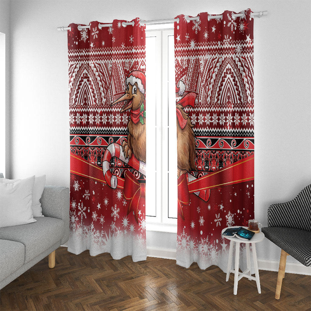 New Zealand Kiwi Bird Christmas Window Curtain Maori Inspired Knitted Patterns LT9 With Grommets Red - Polynesian Pride