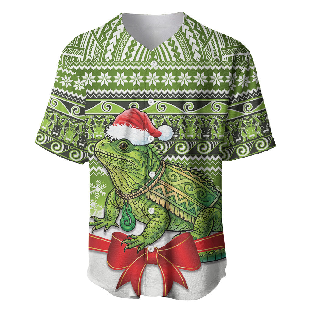 New Zealand Tuatara Christmas Baseball Jersey Maori Inspired Knitted Patterns LT9 Green - Polynesian Pride